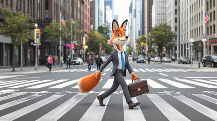 Anthropomorphic Fox Businessman Crossing City Street