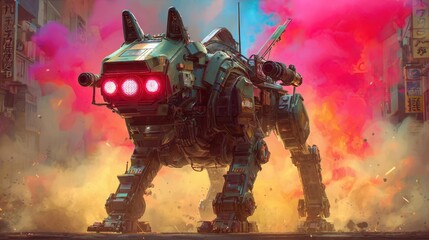 Futuristic Mech Robot Dog in a Cyberpunk Cityscape amidst Explosions and Smoke A Digital Painting of Sci Fi Action