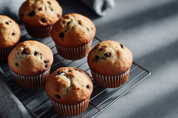 Six chocolate chip muffins cool perfectly on metal wire baking rack.