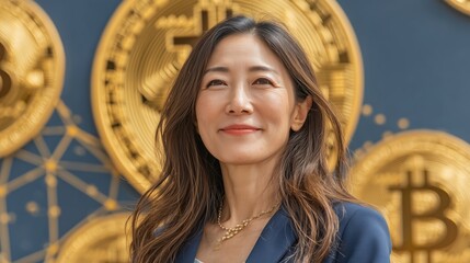 Happy businesswoman is smiling with bitcoin cryptocurrency symbol in background representing fintech, finance, and investment