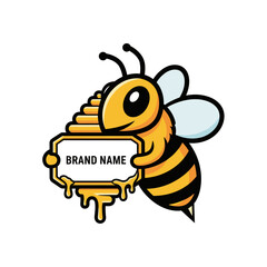 Cute Cartoon Bee Holding a Brand Name Sign with Honeycomb and Dripping Honey