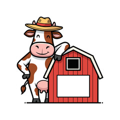 Cute Cartoon Cow in a Straw Hat Leaning on a Red Barn on a Farm