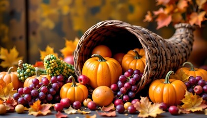 A vibrant autumnal scene with a collection of pumpkins, leaves in shades of yellow and red, and bunches of grapes in a rustic wicker basket