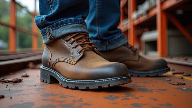 Close-up of brown leather work boots on a metal surface.