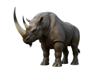 Highly detailed realistic rhinoceros sculpture with a dark background emphasizing its textures and
