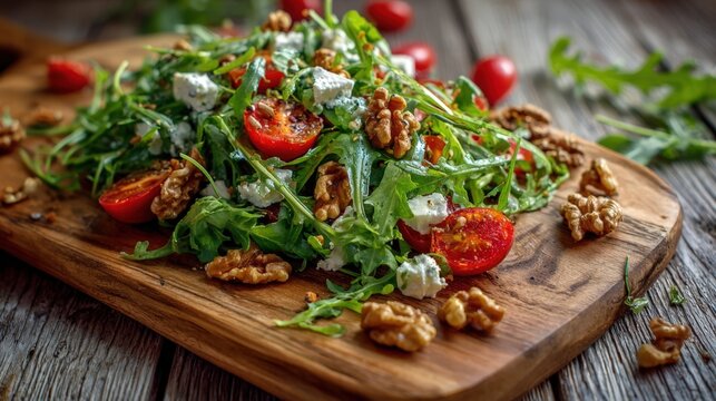Delicious Arugula Salad with Cherry Tomatoes Walnuts and Goat Cheese on Wooden Board Healthy Food
