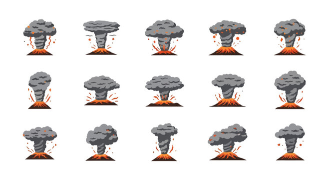 A collection of stylized cartoon volcano eruptions with gray smoke plumes, fiery lava, and exploding debris.