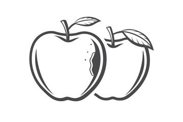 Two Apple Fruits with Leaves and Bite Mark in Sketch Style on White Background