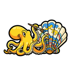 Artistic Cartoon Yellow Octopus Painting a Decorative Seashell