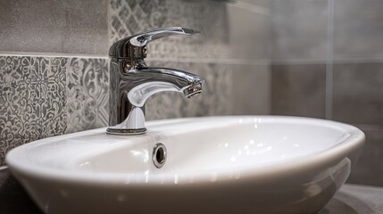 Fototapeta premium Stylish chrome faucet over a modern white sink in a contemporary bathroom setting.