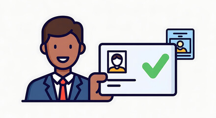Man in suit holding id card with green check mark and another id card in the background ai generated