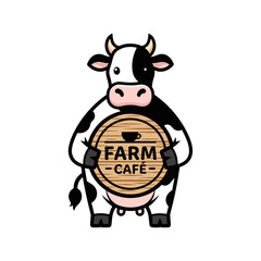 Friendly Cartoon Cow Holding a Wooden Sign for Farm Cafe
