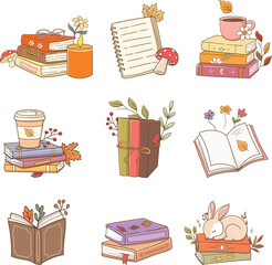 Cozy Autumn Books Clipart &ndash; Fall Reading Elements in Cute Hand-Drawn Style