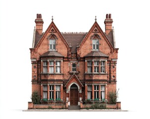 Fototapeta premium Front facade of a two-story, reddish-brown brick Victorian house, isolated