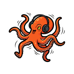Cartoon Red Octopus Dancing with Headphones Vector Illustration