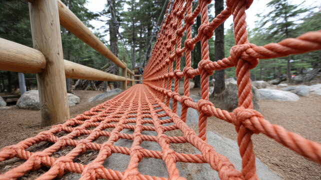 Fototapeta Close-up of a rope bridge in a serene forest setting.