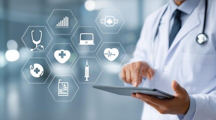 Doctor using tablet floating medical icons, white coat healthcare technology