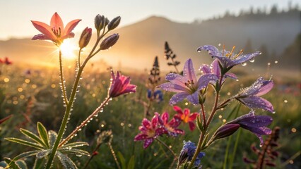 Fototapeta premium A vibrant field of wildflowers glistens with morning dew, illuminated by the soft glow of the rising sun against a misty backdrop.