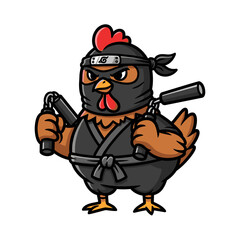 Fierce Cartoon Brown Chicken Ninja Warrior Holding Nunchaku