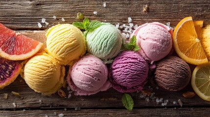 Delicious scoops of assorted ice cream flavors arranged on rustic wooden background with fresh citrus fruits