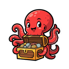 Cute Cartoon Red Octopus Discovering Open Treasure Chest with Shells