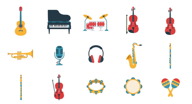 A diverse collection of colorful musical instrument and equipment icons in a flat design style.