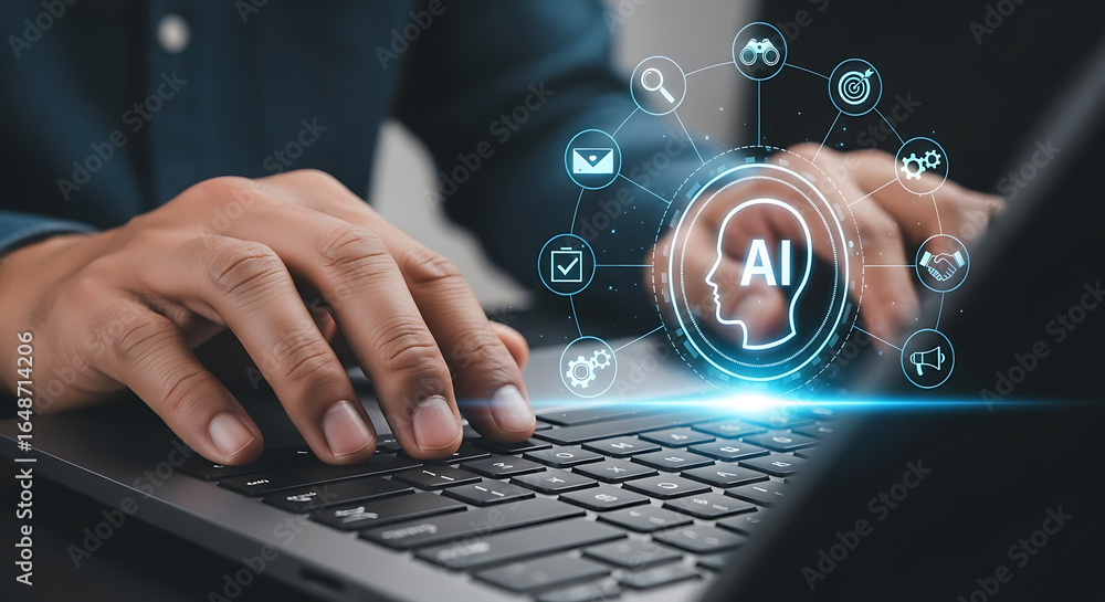 Aufkleber person typing on a laptop with ai interface overlay showing artificial intelligence technology conce