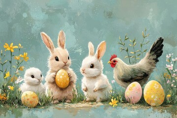 Illustration of Bunnies and Chicken with Easter Eggs in a Flower Meadow