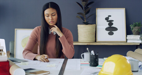 Thinking, architect and woman with blueprint, office and ideas for architecture project or...