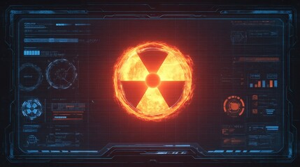 Fiery Radioactive Symbol Displayed on Futuristic Tech Interface Screen Digital Alert Warning Concept