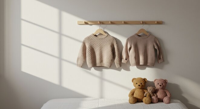 Cozy children s sweaters and teddy bears displayed on a wall with soft natural light