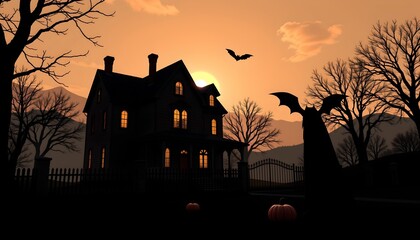 A nighttime Halloween scene. A grand, spooky house with dark roofs and illuminated windows stands prominently at the center of the frame, flanked by trees