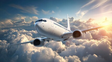 Obraz premium Jetliner soaring through clouds at sunset