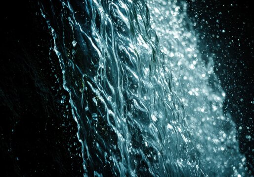 Abstract close up of flowing water with sparkling bubbles against a dark background