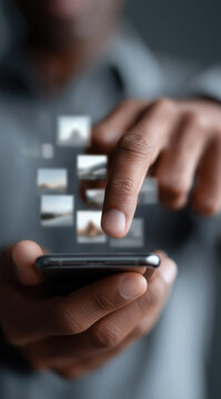 Hand operates smartphone displaying photo gallery interface with multiple image thumbnails visible.