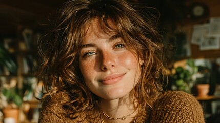 A radiant young woman with bright eyes and a warm smile poses in a cozy indoor setting, showcasing natural beauty and a joyful spirit.