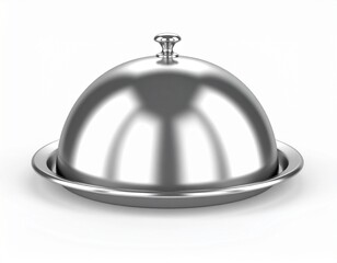 Open silver steel serving Cloche isolated on a white background. 