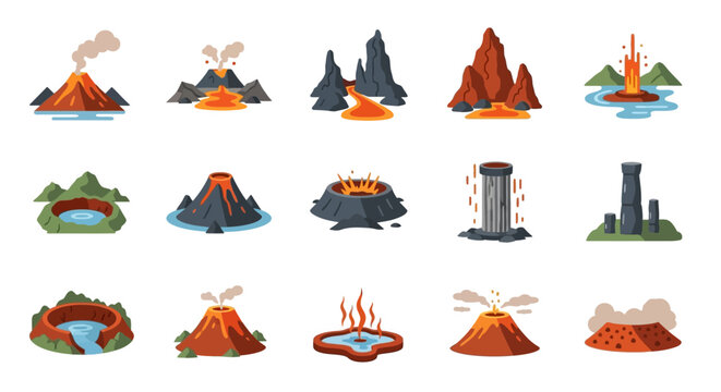 A vibrant collection of stylized volcano and geyser icons showing eruptions, lava flows, and steam vents.