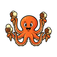 Cartoon Orange Octopus Holding Multiple Ice Cream Cones Vector Illustration