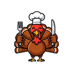 Cartoon Turkey Chef Holding Fork and Knife Vector Illustration