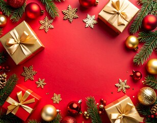 Flat lay Christmas background with red and gold ornaments, wrapped gift boxes with golden ribbons, glitter snowflake decoration, and pine branches on a red backdrop. Festive and elegant holiday compos