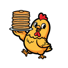 Cartoon Yellow Chicken Holding Stack of Pancakes Vector Illustration