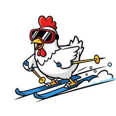 Cartoon Chicken Skiing in Snow Vector Illustration