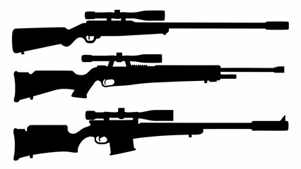 Silhouette depiction showcasing three rifles each equipped with scopes in a stacked arrangement design | editable eps vectors