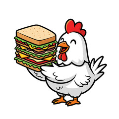 Hungry Cartoon White Chicken Holding a Giant Stacked Sandwich Vector Illustration