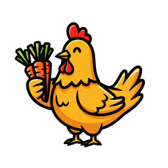 Healthy Cartoon Yellow Chicken Holding Fresh Carrots Vector Illustration