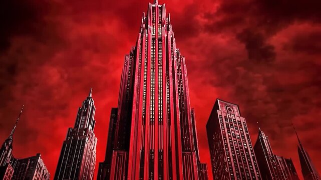 Skyscrapers against a fiery red sky
