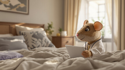 Mouse Doctor Relaxing in Bed with Tablet