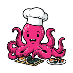 Cute Cartoon Pink Octopus Chef Making Sushi Rolls Vector Illustration