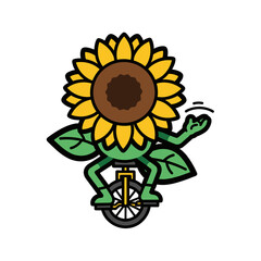 Humorous Cartoon Sunflower Character Riding a Unicycle
